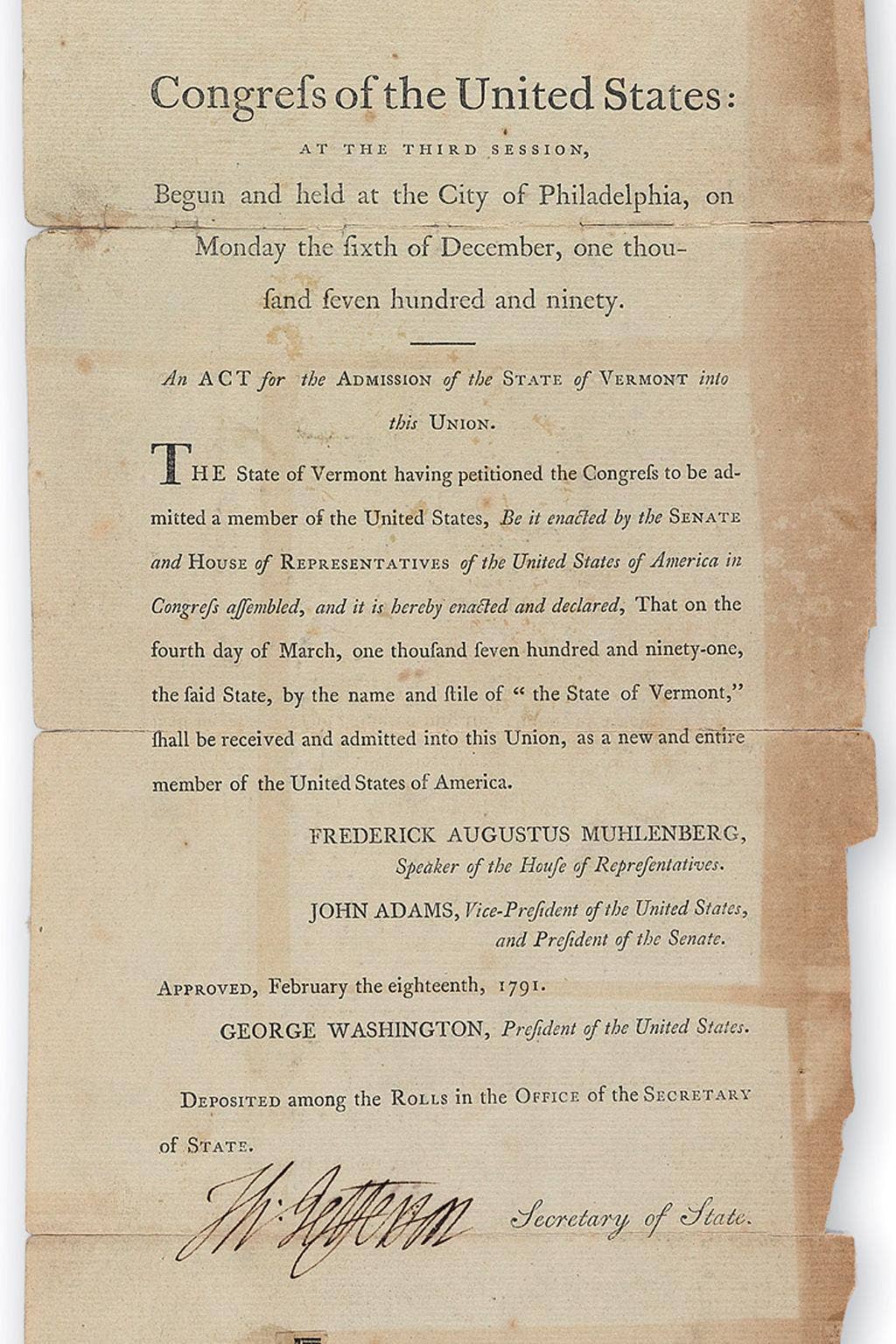 Document Signed By Thomas Jefferson Declaring Vermont The 14th Is State