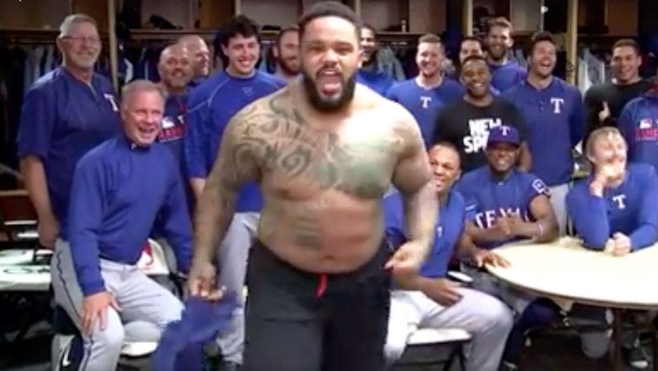 Prince Fielder rips his shirt off and goes nuts to pump up the Mavs