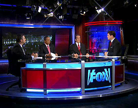 (From left) Steve Hayes, Juan Williams and Charles Krauthammer with Bret Baier