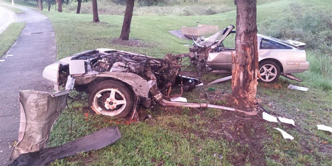 Car literally splits in half in fiery crash, driver somehow survives ...
