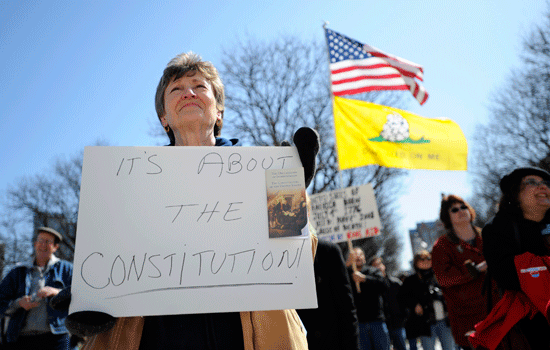 March 2010: Protests against the health care bill signed into law by President Obama, during a rally in front of the Statehouse in Providence, R.I.