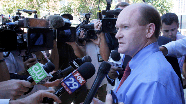 Delaware Democratic Senate candidate Chris Coons talks with reporters after a visit to Libby's Restaurant, Wednesday, Sept. 15, 2010, in Wilmington, Del. (AP)