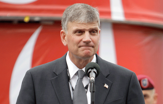 Rev. Franklin Graham is shown preparing to give the invocation before the NASCAR Coca-Cola 600 auto race at Lowe's Motor Speedway in Concord, N.C., in this file photo from May 24, 2009. He recently returned from Ukraine, where Samaritan's Purse is delivering food, medicine and other essentials.