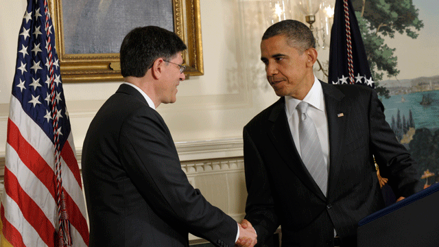 July 2011: President Barack Obama shakes hands with budget chief Jacob Lew in the Diplomatic Reception Room of the White House in Washington.