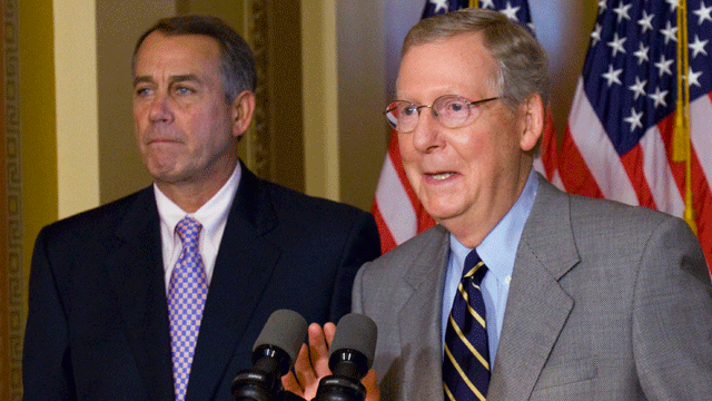 House Speaker John Boehner, R-Ohio, and Senate Minority Leader Mitch McConnell, R-Ky., speak at a news conference on Capitol Hill in Washington, Saturday, July 30, 2011.