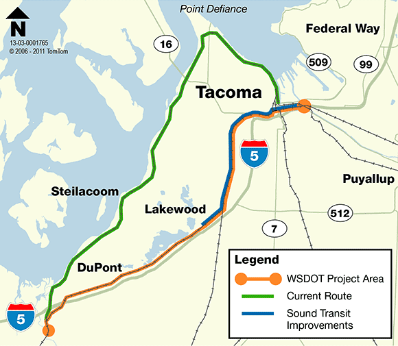 A map of the new Amtrak route illustrates where the line would deviate from the existing line, and take passengers on a more straightforward route between Tacoma and Olympia.