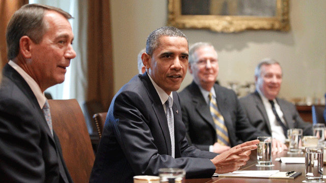 President Obama meets with congressional leaders regarding the debt ceiling, Wednesday, July 13, 2011. in the Cabinet Room of the White House in Washington.