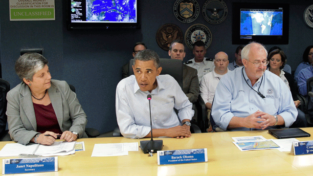 President Obama receives an update on the status of Hurricane Irene at the Federal Emergency Management Agency (FEMA) headquarters in Washington, Saturday, Aug. 27, 2011.