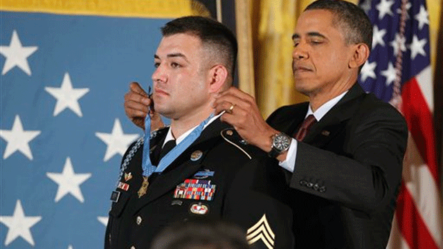 Congressional Medal of Honor awardee Sgt. 1st Class Leroy Arthur Petry  during ceremonies to honor the 10-year anniversary of September 11, 2001  before the baseball game between the Yankees and the Baltimore