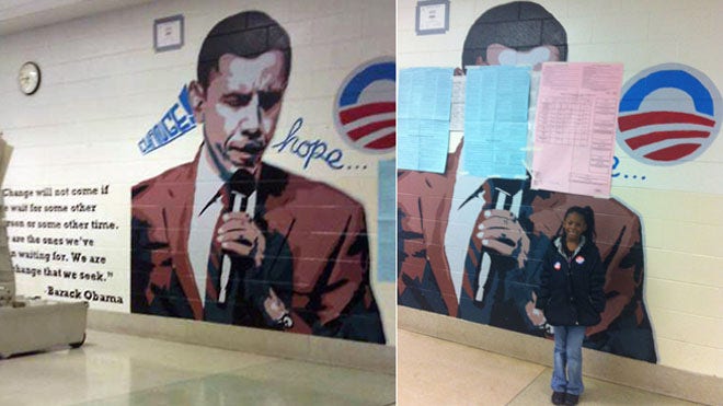 Petugas pemungutan suara di Philly menutupi sebagian mural Obama setelah perintah pengadilan, meninggalkan logo dan kutipan di depan mata