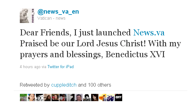 Pope Benedict XVI sent out his first tweet on Tuesday.