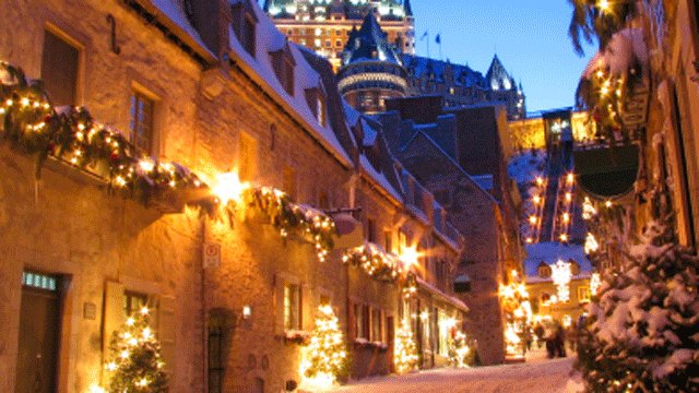 Chateau Frontenac at night in winter, Quebec City, Canada.