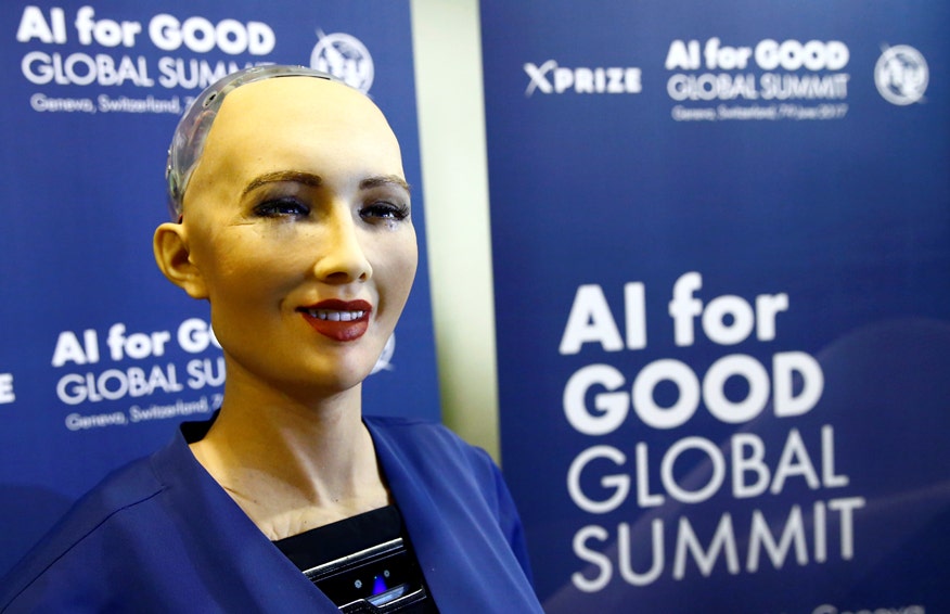 Sophia, a robot integrating the latest technologies and artificial intelligence developed by Hanson Robotics is pictured during a presentation at the "AI for Good" Global Summit at the International Telecommunication Union (ITU) in Geneva, Switzerland June 7, 2017. REUTERS/Denis Balibouse - RC1C8B5F2B80