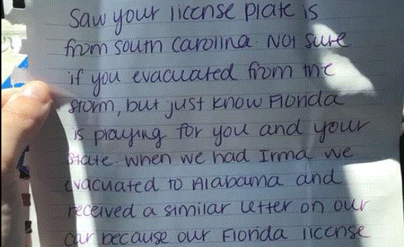 Ashleigh Gilleland, who evacuated her South Carolina home during Hurricane Florence's rampage, shares a photo of the note sent to her from a former Hurricane Irma evacuee.