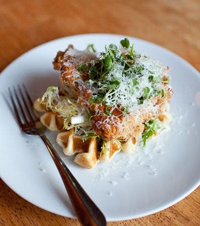 Bacon Waffle topped with Buttermilk Fried Chicken