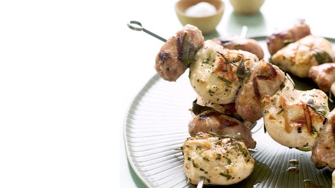 Skewers of Sage Chicken with Sweet Italian Sausage