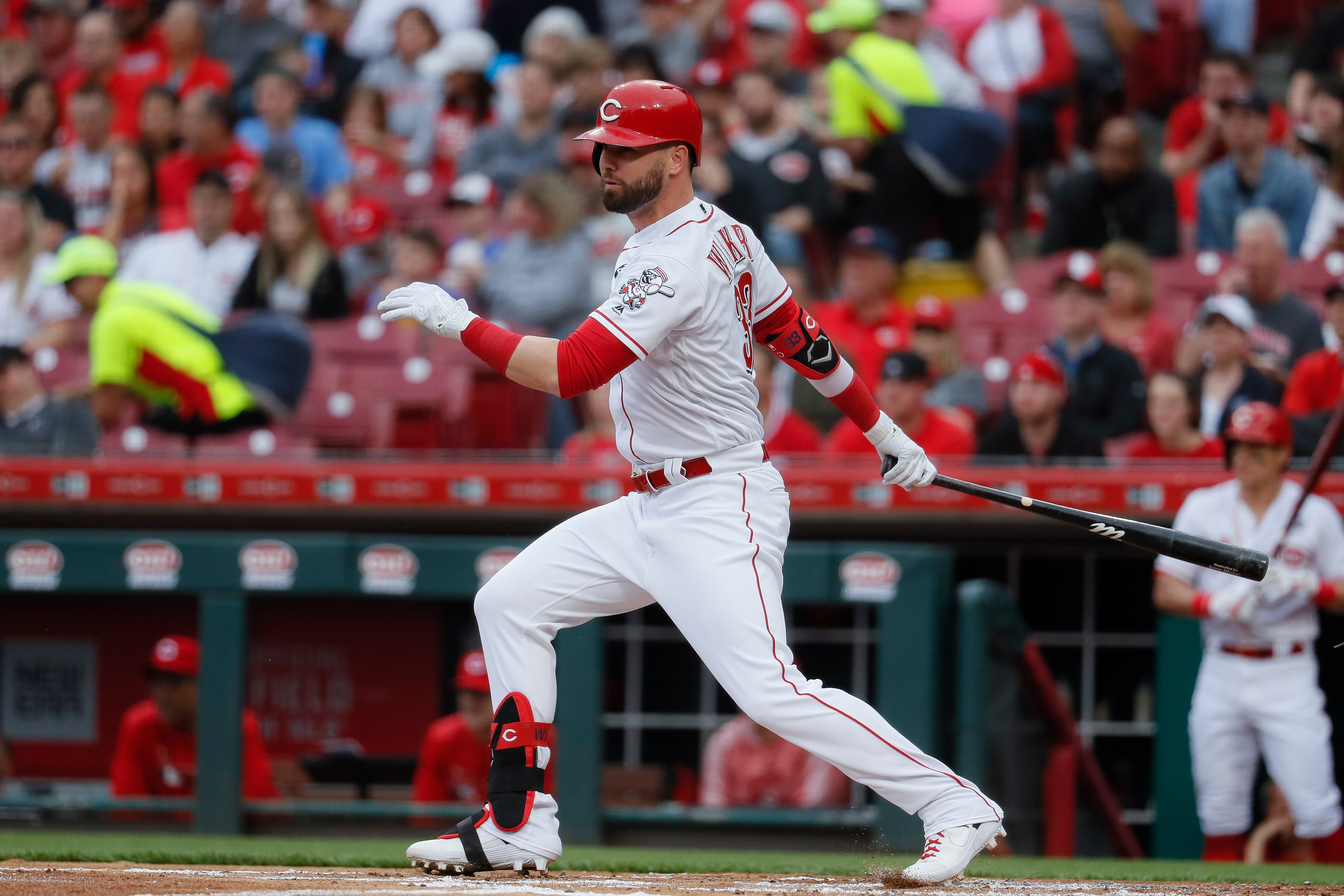 Reds' Jesse Winker strikes out and gives pitcher a thumbs up