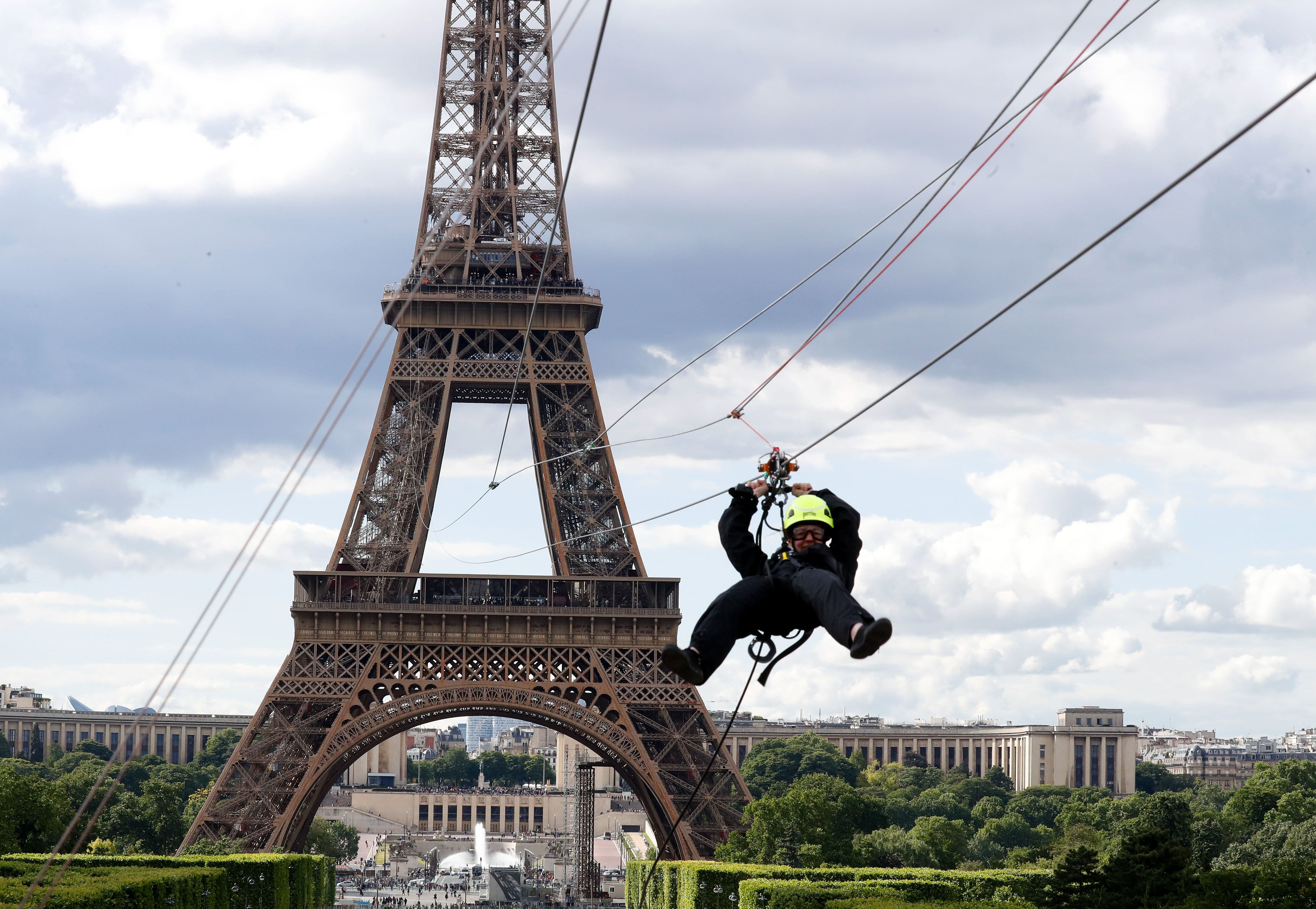 Zip line set up at Eiffel Tower for thrill-seekers