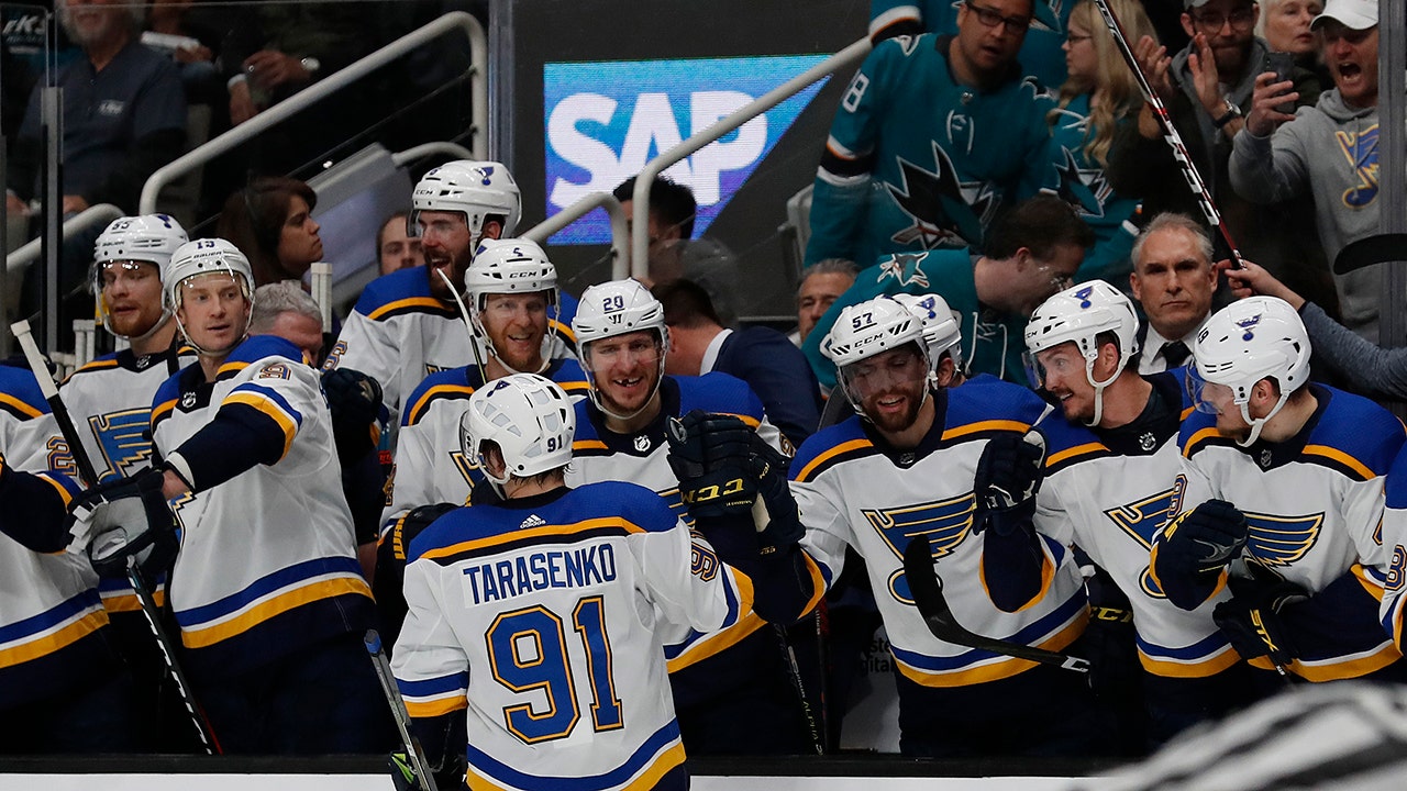 Blues move to brink of Cup final with 5-0 win over Sharks