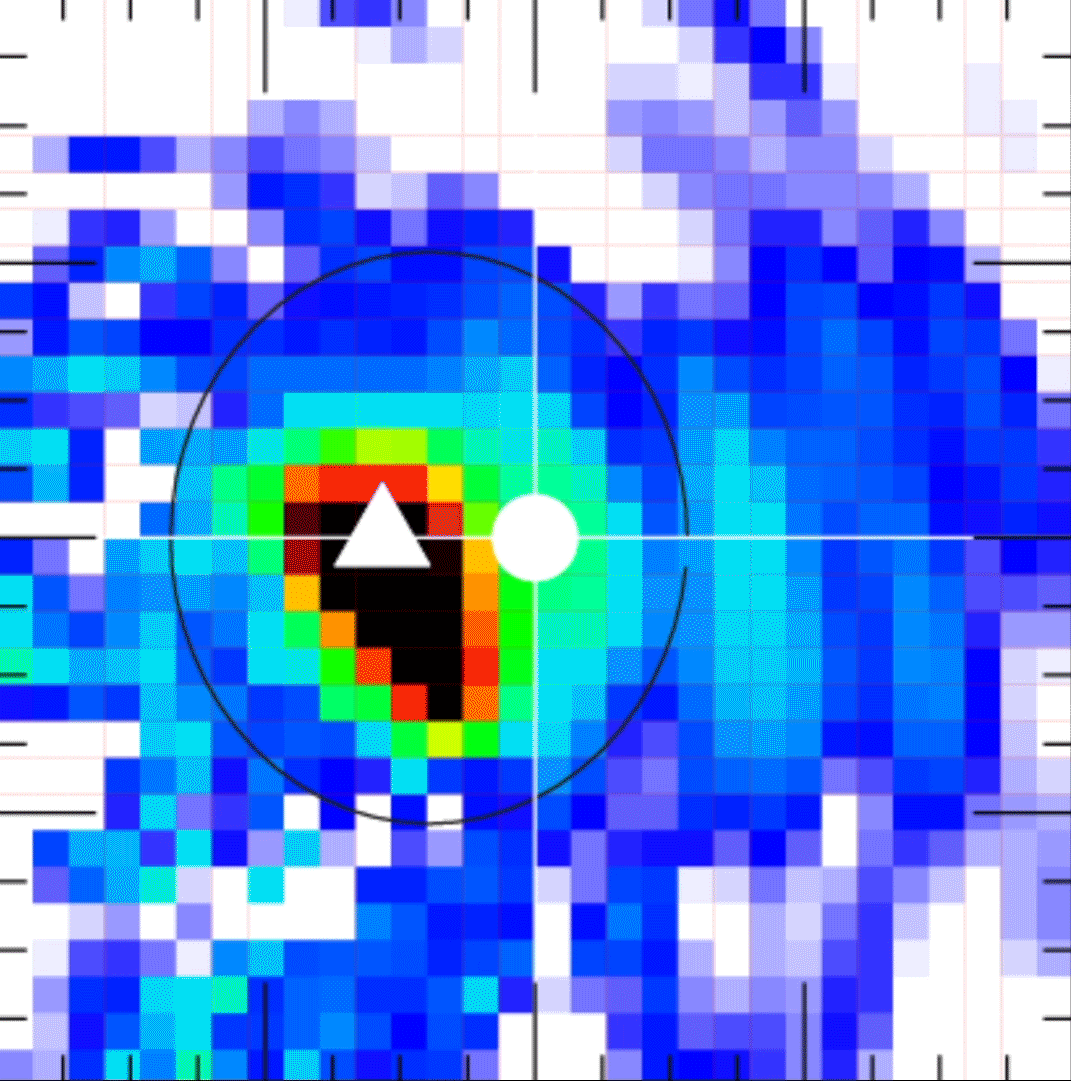 Data from the Fast Plasma Investigation aboard MMS shows the shock and reflected ions as they washed over MMS. The colors represent the amount of ions seen with warmer colors indicating higher numbers of ions. The reflected ions (yellow band that appears just above the middle of the figure) show up midway through the animation, and can be seen increasing in intensity (warmer colors) as they pass MMS, shown as a white dot. (Credit: Ian Cohen)