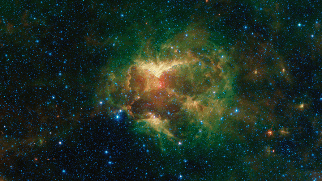 This infrared image from NASA's Spitzer Space telescope shows a cloud of gas and dust carved out by a massive star. A drawing overlaid on the image reveals why researchers nicknamed this region the 