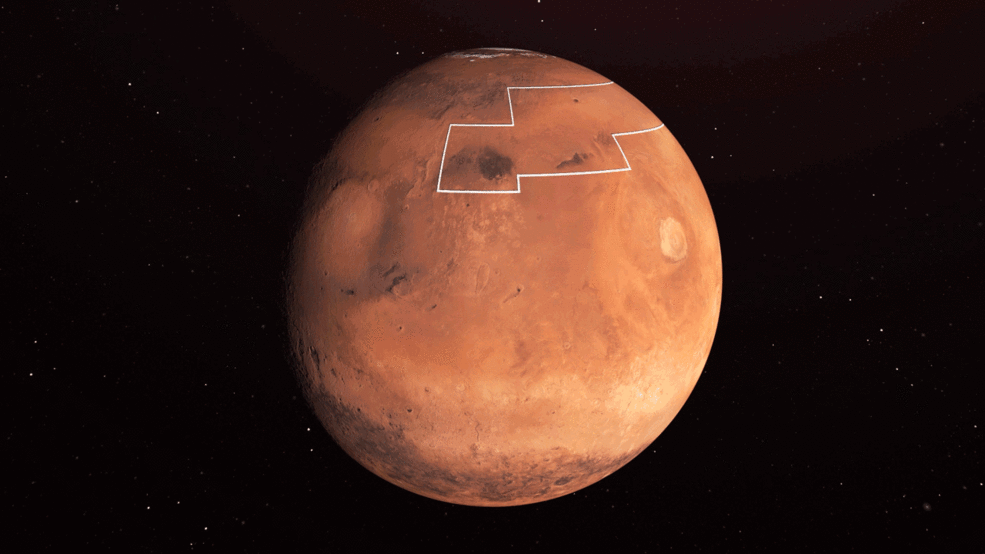 The annotated area in this illustration shows where water ice is located near the surface of Mars.