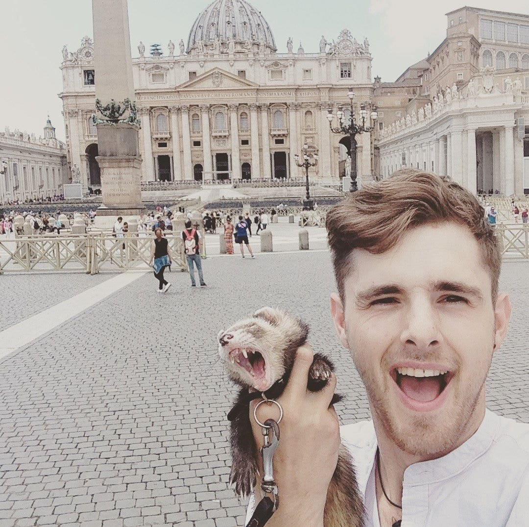 Man quits job, sells possessions to travel around world with pet ferret