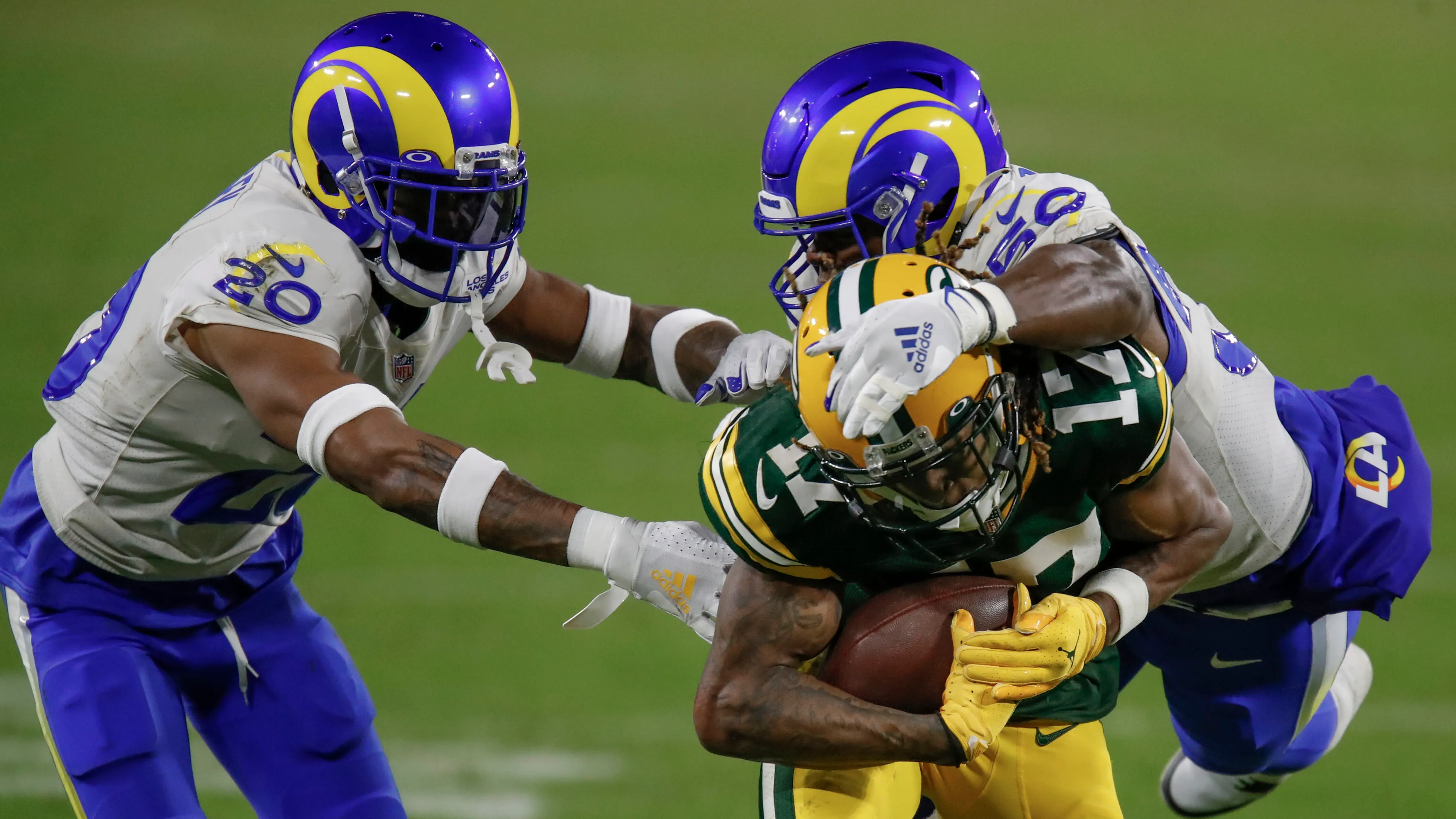 Green Bay, United States. 16th Jan, 2021. Los Angeles Rams cornerback Jalen  Ramsey (20) looks on as Green Bay Packers wide receiver Davante Adams (17)  scores a second quarter touchdown during the