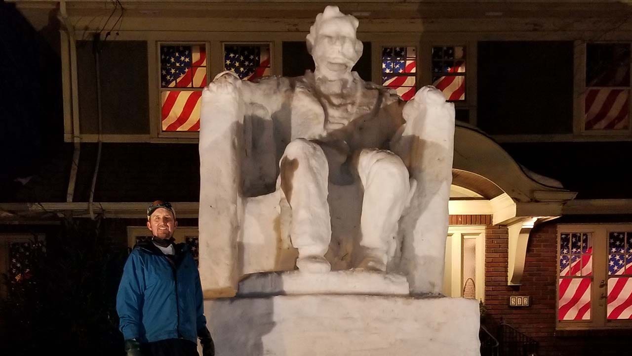 New Jersey man explains how he made 14-foot Lincoln snow sculpture