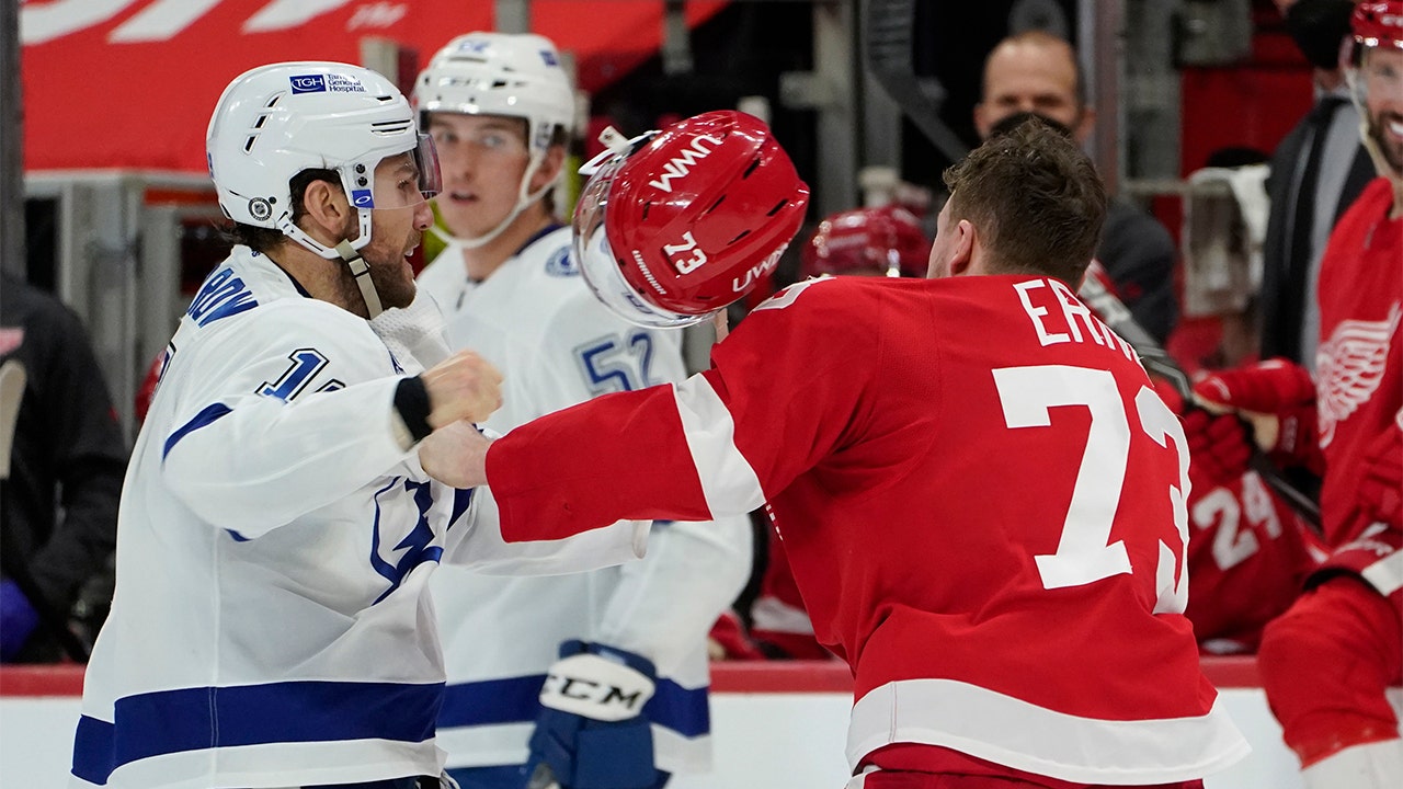 Adam Erne of Red Wings goes down hard after a fight with Barclay Goodrow of Lightning