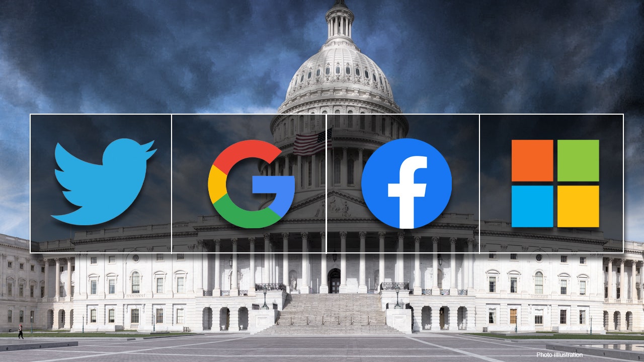 Big Tech company logos with the U.S. Capitol building in the background.