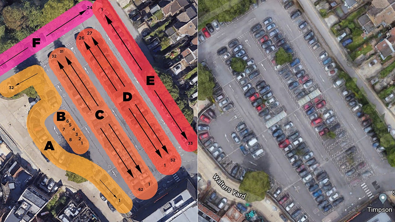 Bored supermarket shopper parks in all 211 spaces of parking lot over 6 years