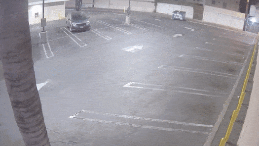 A Los Angeles man is seen fleeing as a vehicle chases him in a parking lot in an incident captured by a security camera.