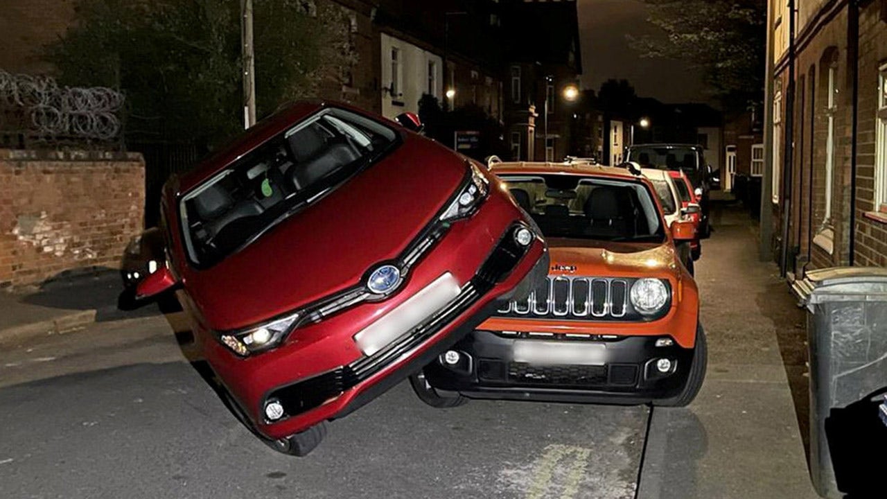 Car drives onto car to avoid cat