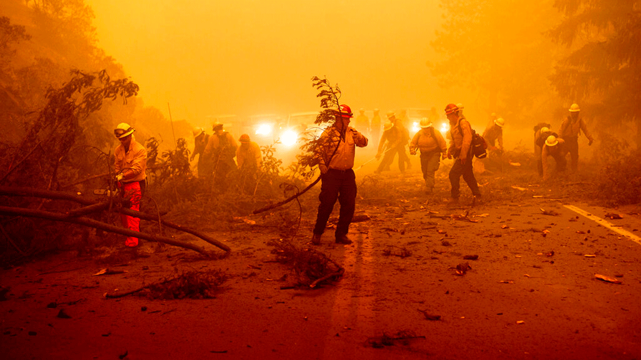 Firefighters battling the Dixie Fire clear Highway 89 after a burned tree fell across the roadway in Plumas County, Calif., on Friday, Aug. 6, 2021.?