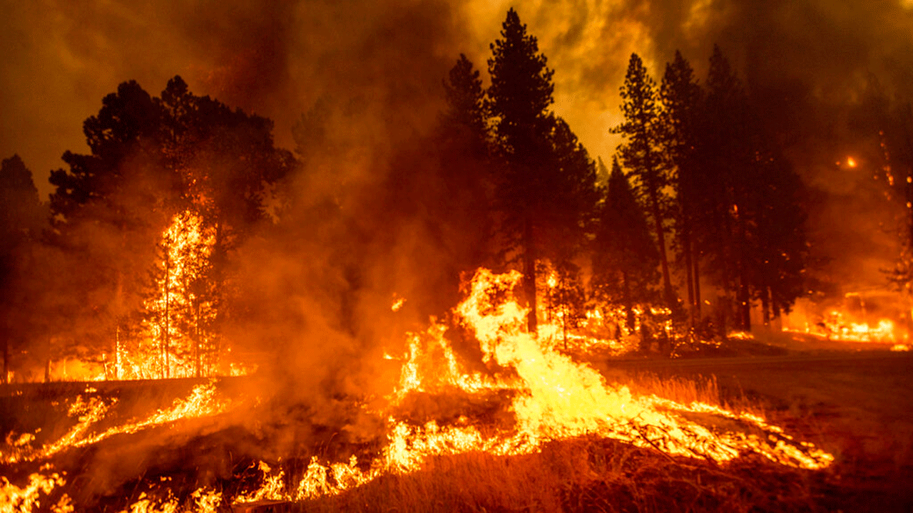Flames of the Dixie fire spread through the Greenville community of Plumas County, California on Wednesday, August 4, 2021.  The fire destroyed several historic buildings and dozens of homes in central Greenville. 