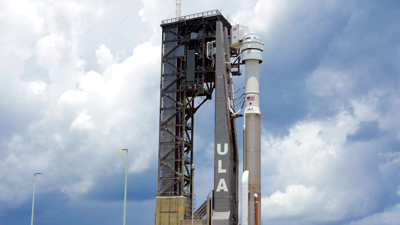 A United Launch Alliance Atlas V rocket, standing on Space Launch Complex 41 at Cape Canaveral Space Force Station with Boeing's CST-100 Starliner spacecraft ready for another attempt at a non-flying test flight to the International Space Station, Monday 2 Aug.  2021, in Cape Canaveral, Florida.  The new launch date is scheduled for Tuesday. 