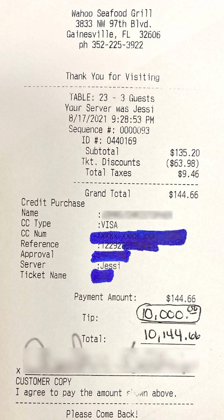 FOX NEWS: Florida restaurant receives $10,000 tip from generous customer