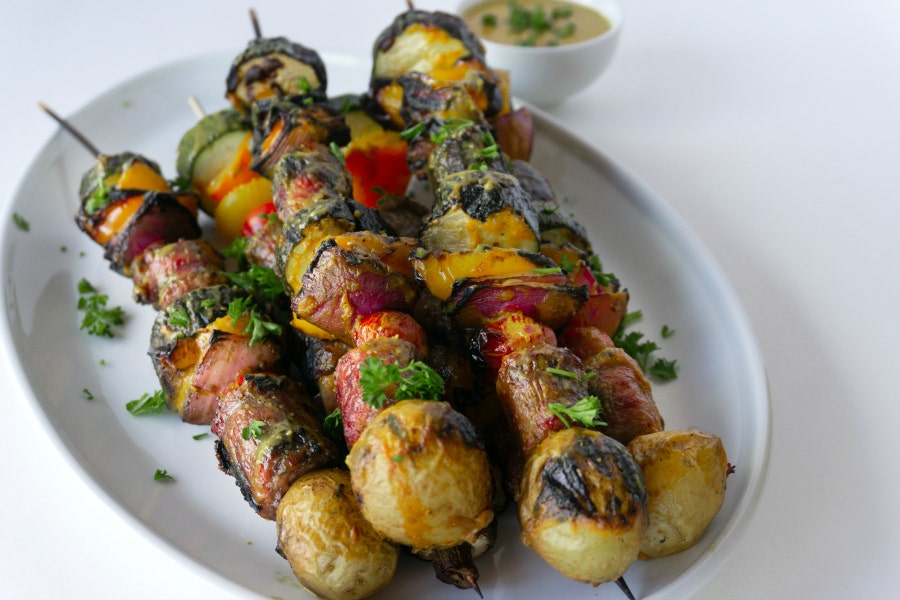 Grilled brat kabobs with vegetables and mustard BBQ sauce: Try the recipe