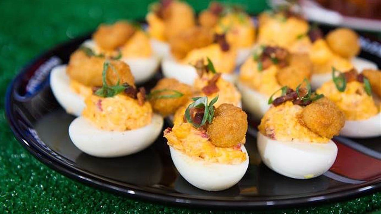 Pimento cheese stuffed deviled eggs for game day snacking