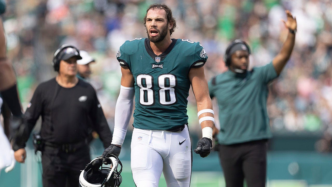 Philadelphia Eagles tight end Dallas Goedert (88) has his jersey