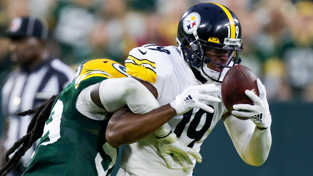 Pittsburgh Steelers wide receiver JuJu Smith-Schuster (19) climbs down from  the stands after ce …