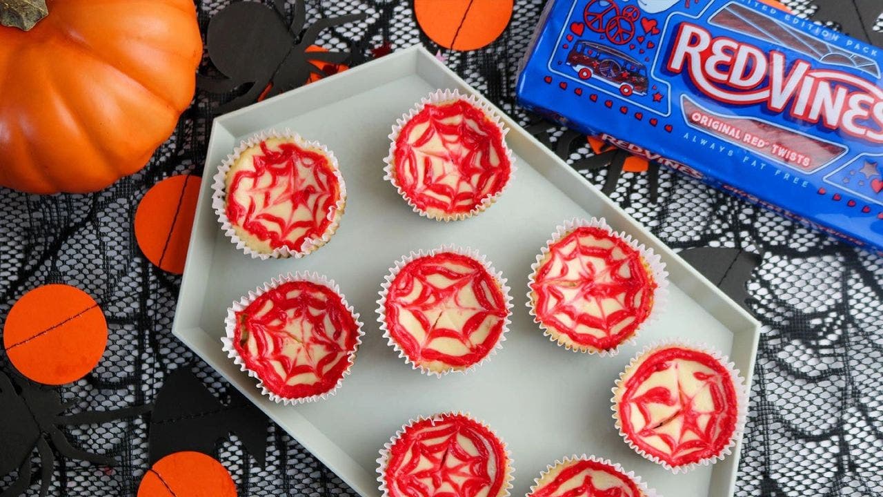 Red Vines spider web mini cheesecakes for Halloween: Get the recipe