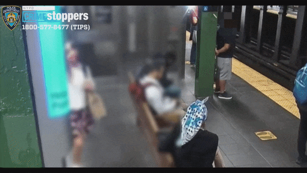 NYPD Crime Stoppers is asking for information about a female assailant captured on video Monday shoving a 42-year-old woman into a moving subway train at a Times Square station during the busy rush-hour morning commute. 