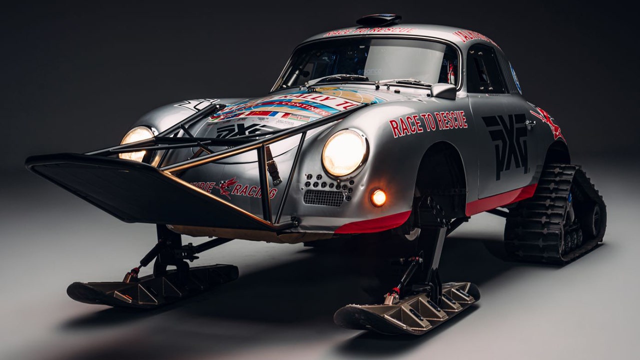 Classic 1956 Porsche 356A on snow tracks and skis heading to Antarctica