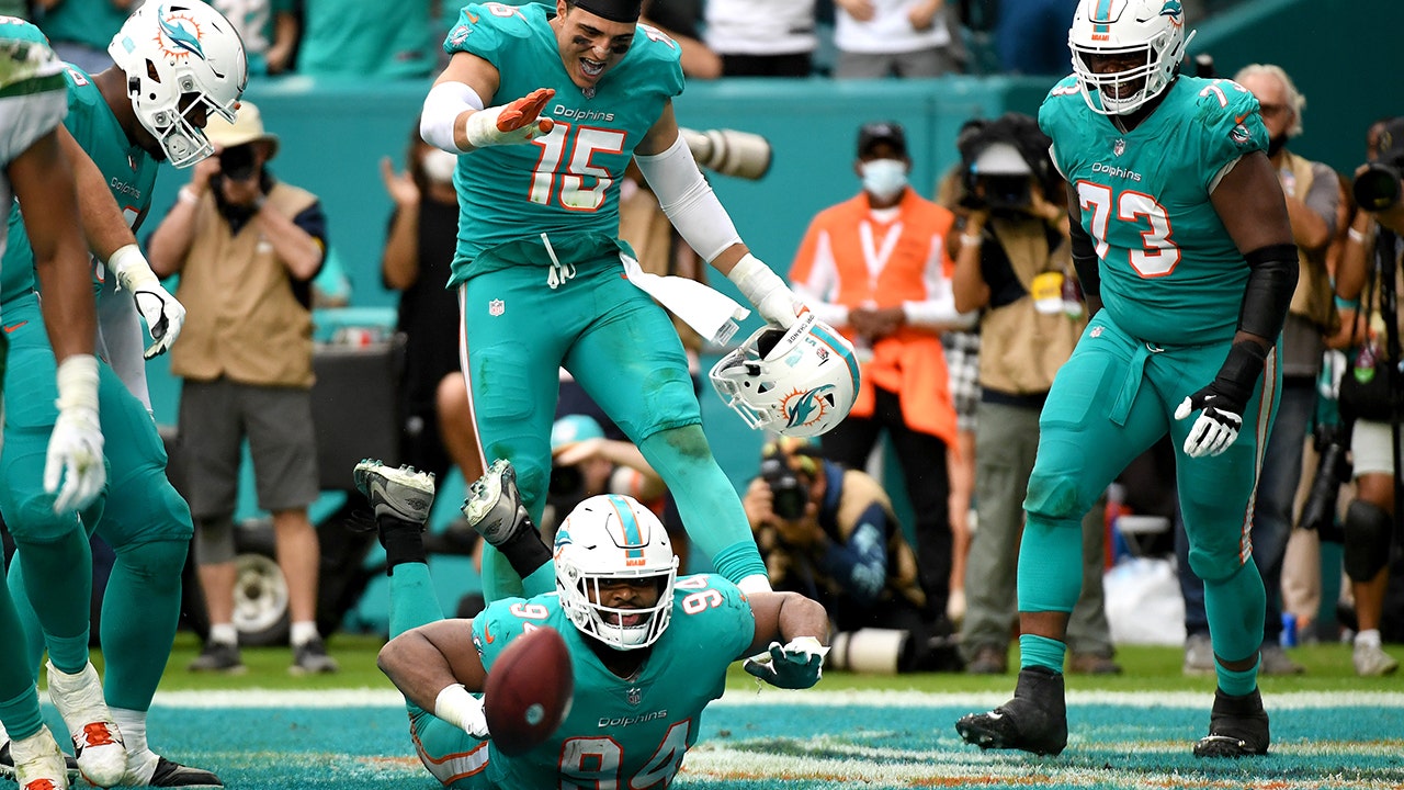 Miami Dolphins defensive end Christian Wilkins (94) celebrates a big  defensive play in the firs …