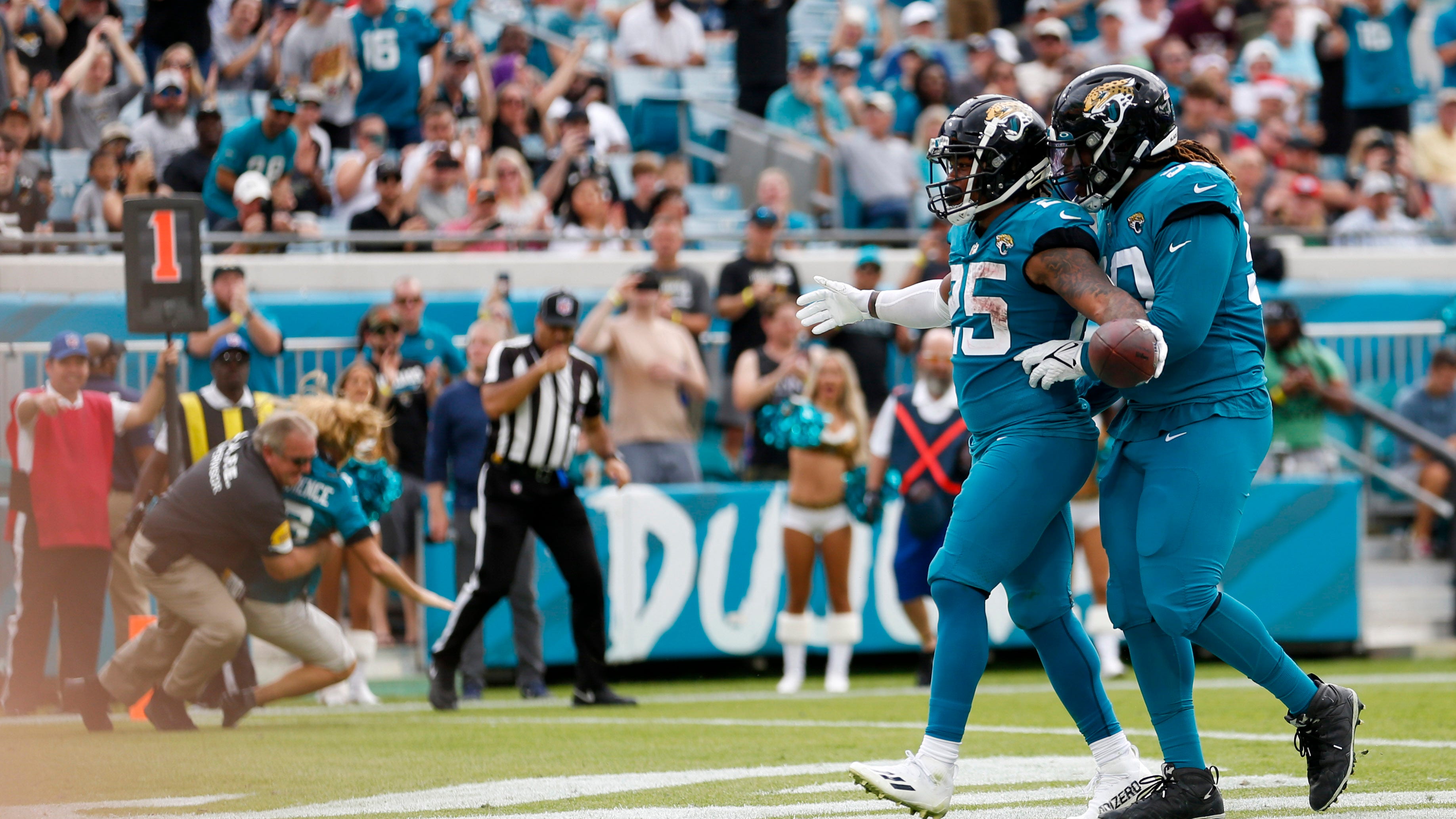 Jaguars fan arrested after running into the end zone as James