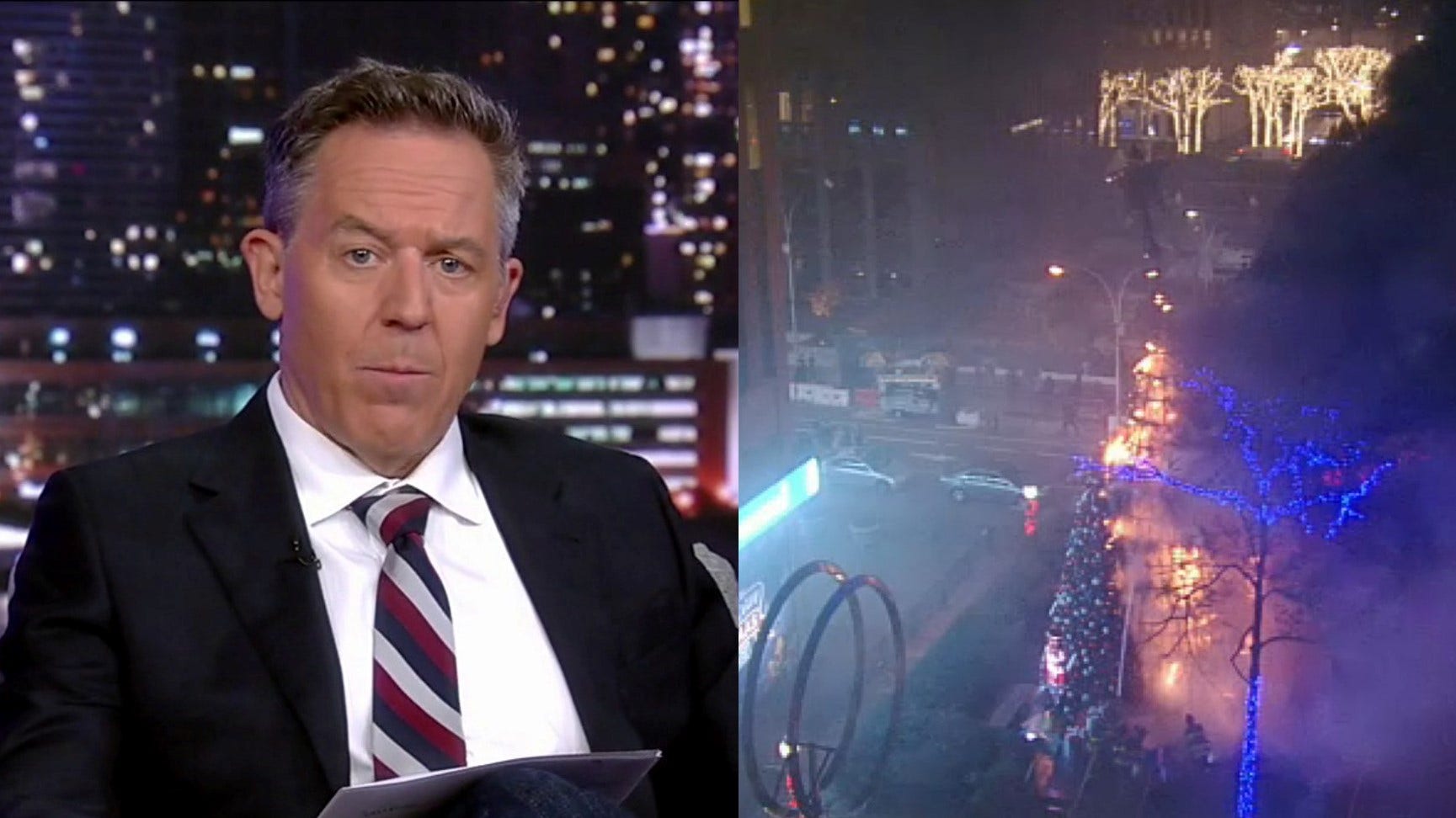 Greg Gutfeld blasts de Blasio on rising crime amid Fox Christmas tree arson: 'A grotesque … ghoulish mayor'