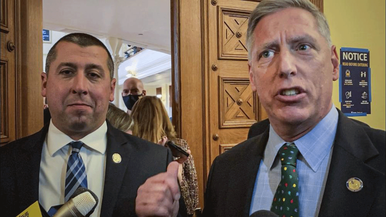 New Jersey Assembly member Brian Bergen, left, stands with fellow GOP Assembly member Erik Peterson on Thursday Dec. 2, 2021, in Trenton, New Jersey. 