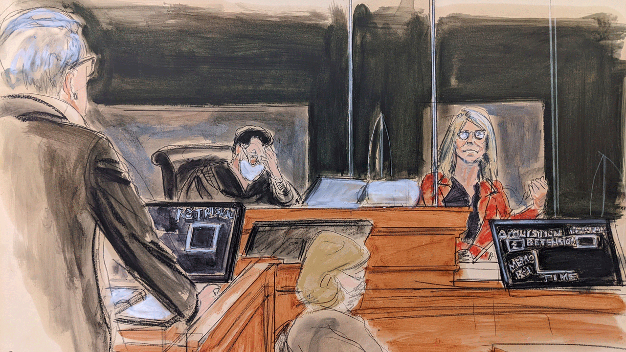 In this courtroom sketch, defense attorney Bobbi Sternheim, left, questions expert witness Elizabeth Loftus, right, as Judge Alison Nathan listens, on the bench at center, during the Ghislaine Maxwell sex abuse trial, Thursday, Dec. 16, 2021, in New York. 